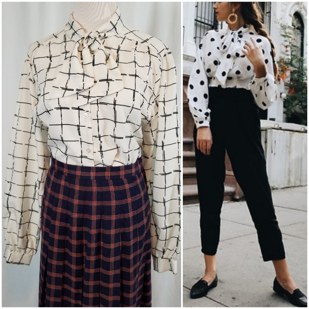 VINTAGE Long Sleeve Window Pane Plaid Blouse